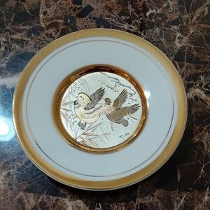 Vintage Chokin Art by Expressive Designs Ducks In Flight 24k Gold Trim Plate